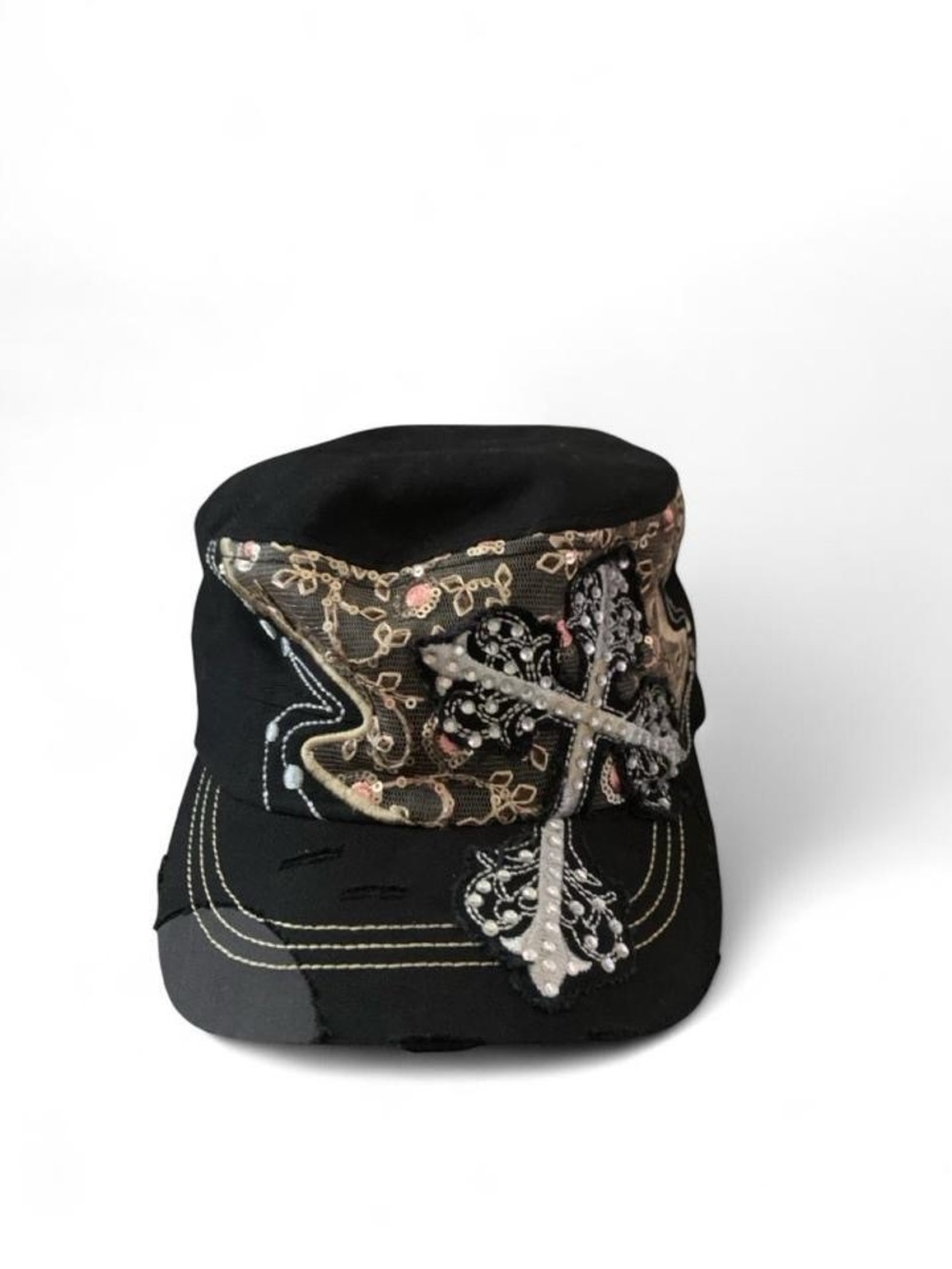 Black Embellished Military Cap with Cross Accent
